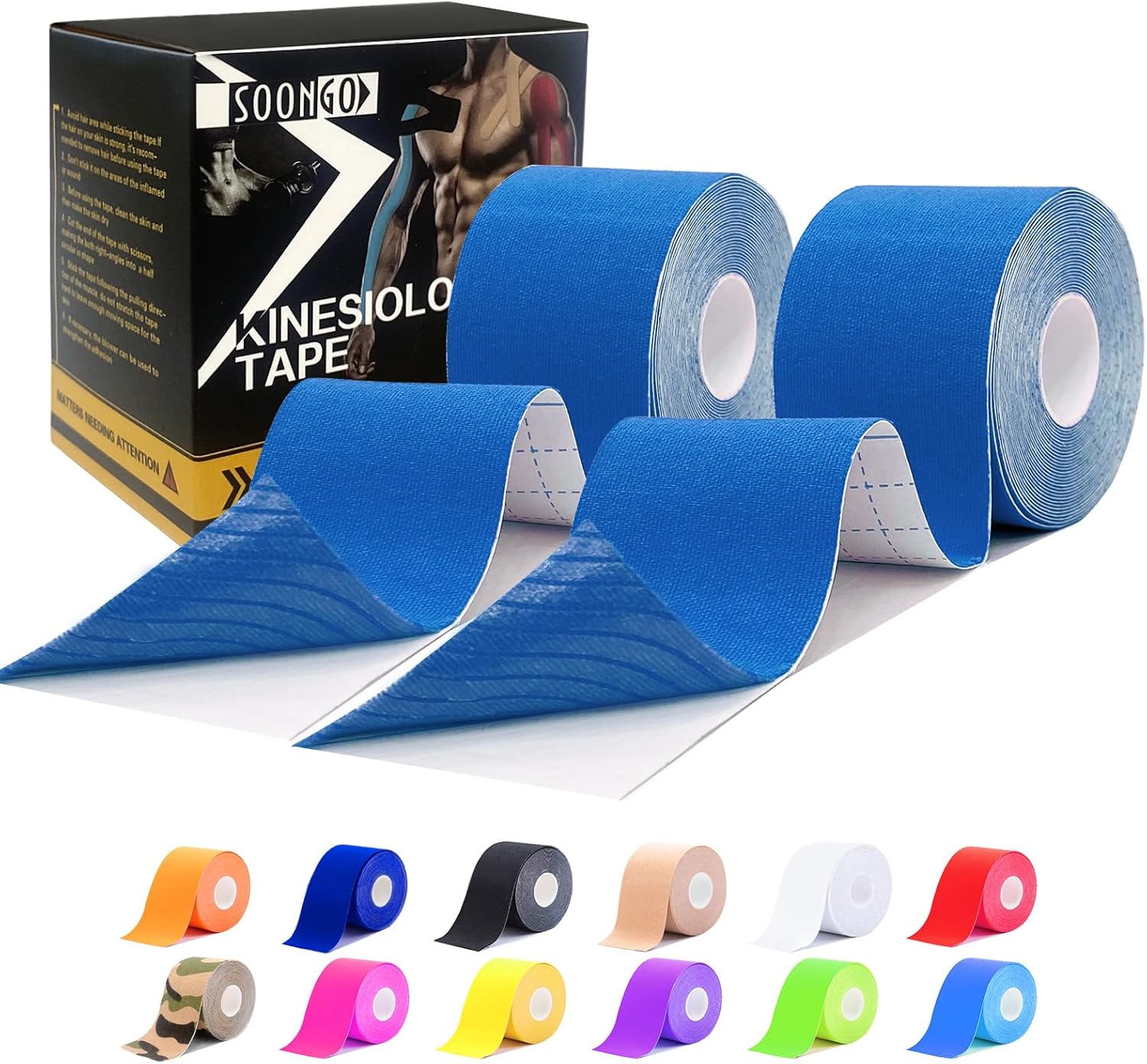 SOONGO - Cinta de kinesiología, 2 rollos para aliviar el dolor muscular y la tensión de hombros, muñecas, tobillos, elástica, impermeable, buena