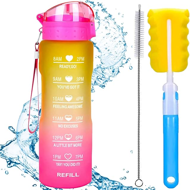 XACIOA 32oz Water Bottle with Straw&Time Markings,Leakproof BPA Free,Ensure You Drink Enough Water Throughout The Day for Fitness and Outdoor Enthusiasts,With Straw and Brush