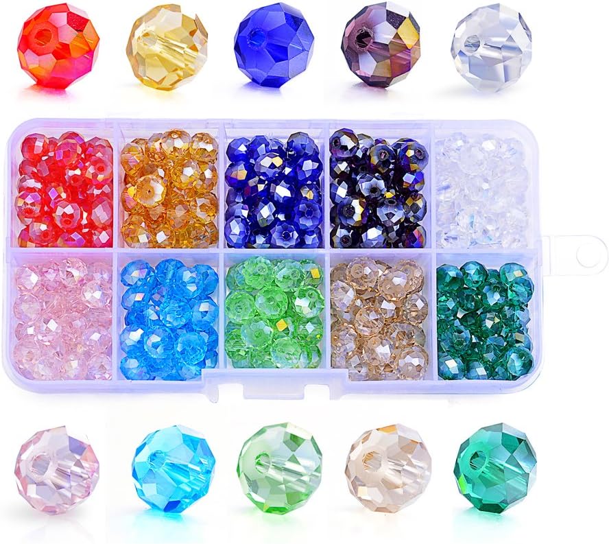 Sromay Wholesale 300Pcs 8mm Briolette Faceted AB Crystal Glass Beads for Jewelry Making Findings with Bead Container #5040 Briollete Rondelle Assorted Colors