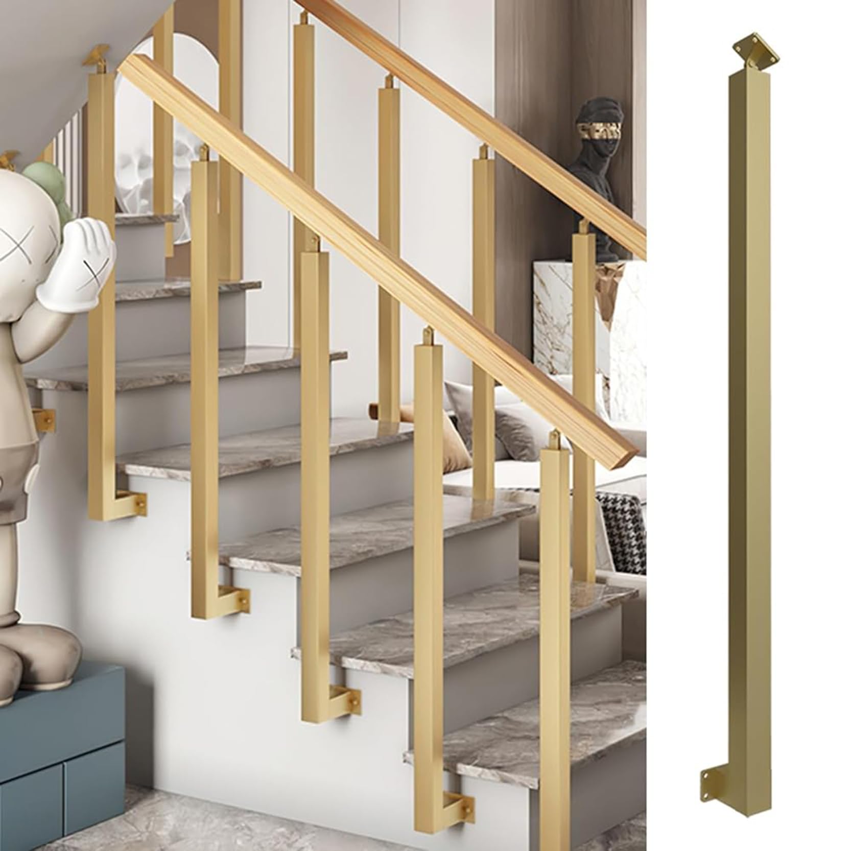 GOUZIBHD Side Mount Stair Balusters Post Kit,Stairs Banister Railing Spindle Post,Square Metal Railing Spindles with Flat & Adjustable 270° Angle Bracket,for Attics Steps(Size:90cm/35.4in,Color:Gold)