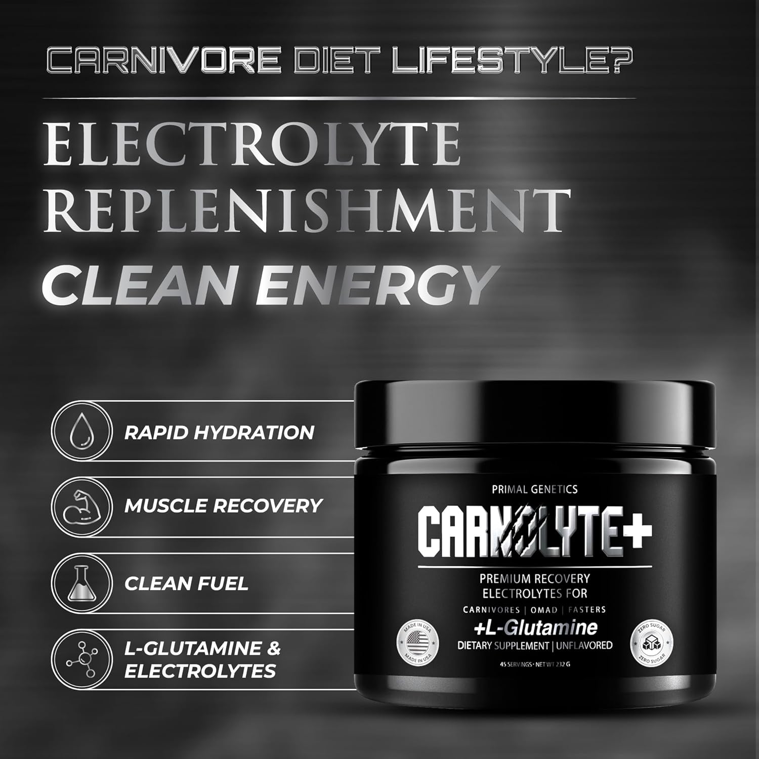 CARNOLYTE+ Carnivore Electrolytes Powder Unflavored – Fasting Salts - Cellular Hydration, Gut Support & Muscle Preservation – Zero Sugar, Carb Free Keto Electrolytes – 45 Day Supply