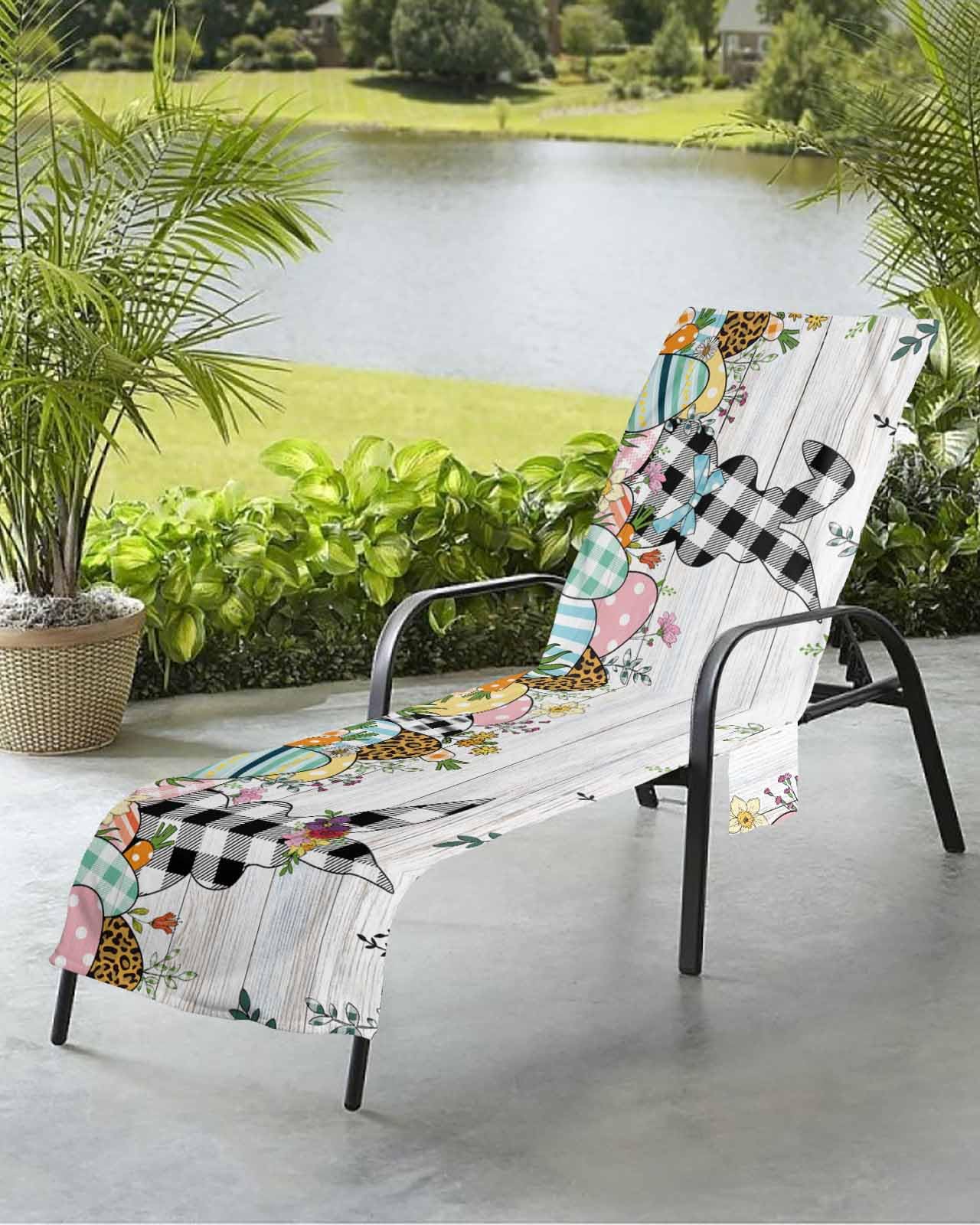 Black Plaid Rabbit Beach Chair Towel Covers for Chaise Lounge with Side Pocket, Soft Plush Pool Towels Cover for Patio Sunbathing Outdoor 29''x85'' Easter Egg Flower Plant Wood Grain