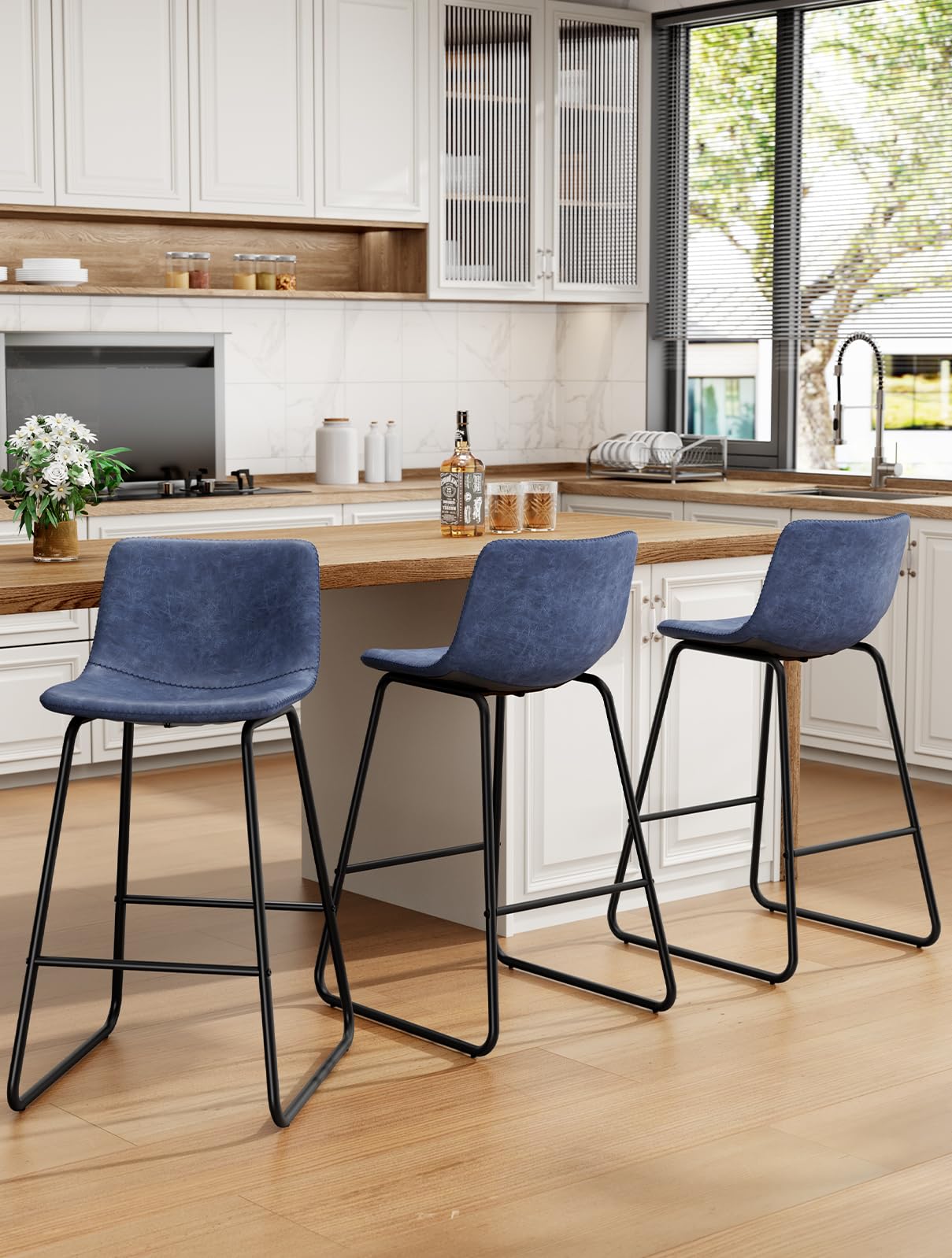 REONEY Bar Stools Set of 3 Navy