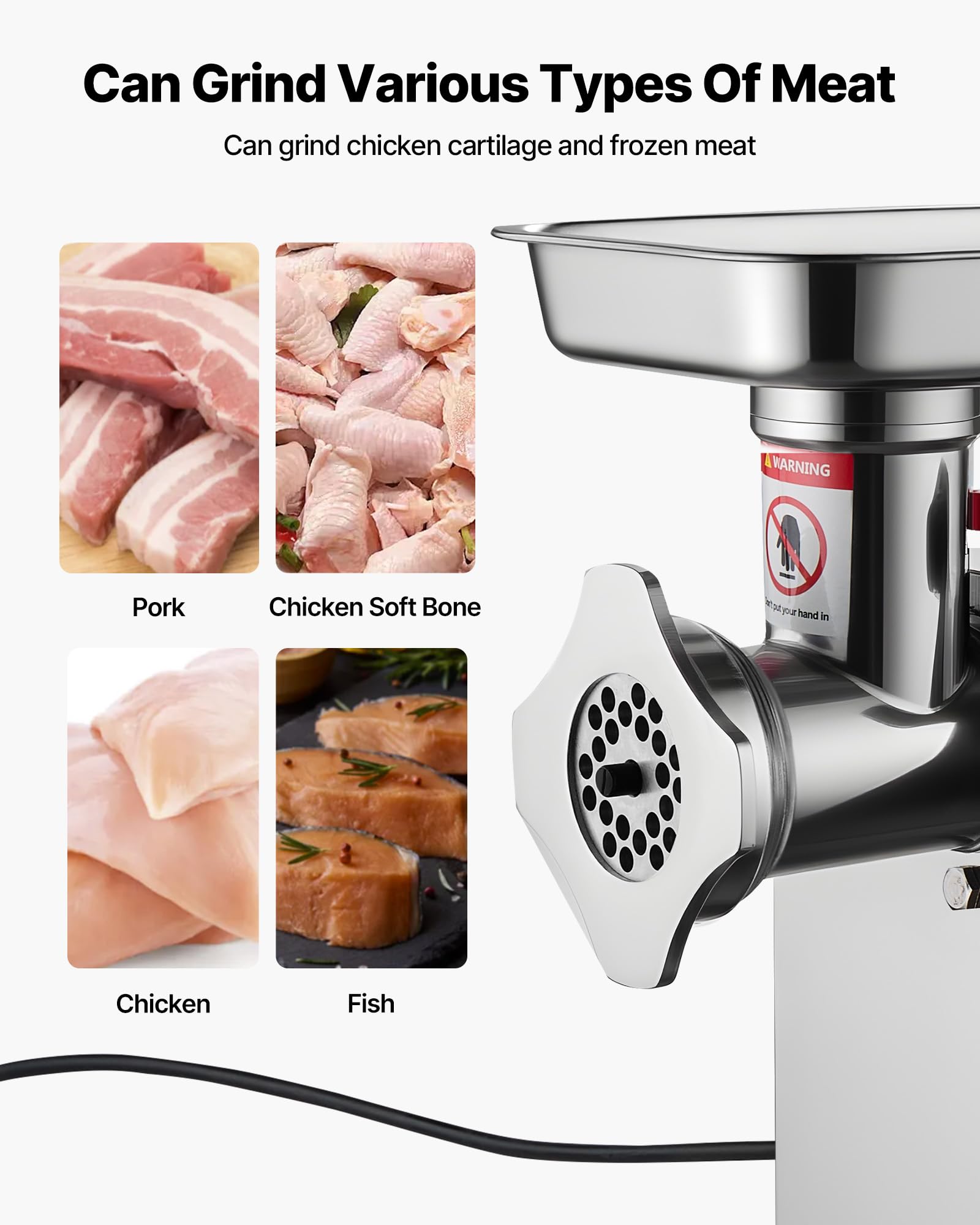VEVOR Hachoir à viande électrique, capacité de 2,49 kg/min, poussoir à saucisses industriel de comptoir avec lame, plaque de broyage, hachoir commercial en acier inoxydable pour cuisine et restaurant