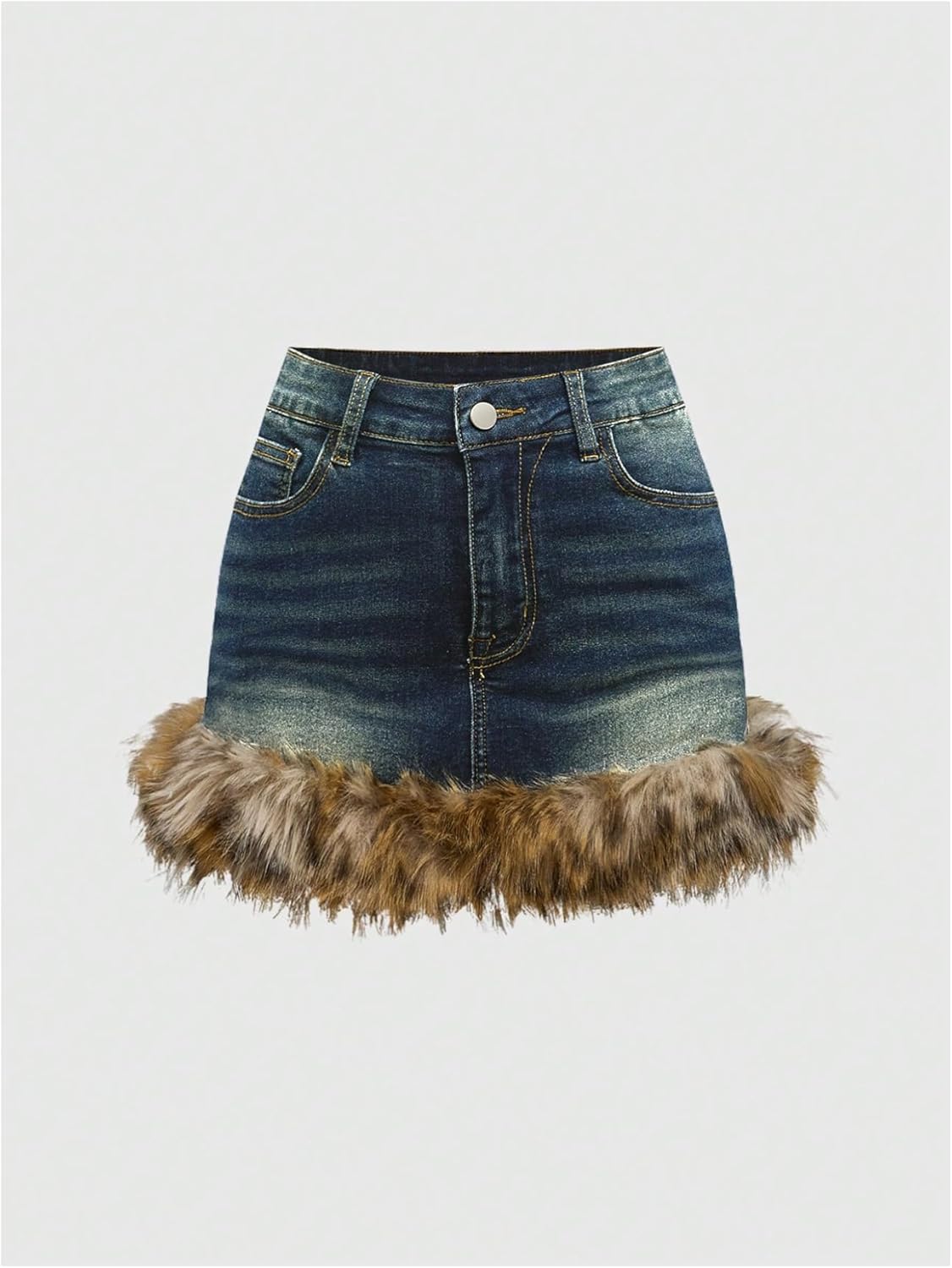 MakeMeChic Women's Mini Denim Skirt Fuzzy Zip Up Y2K Bodycon Jean Skirt with Pocket - Image 2