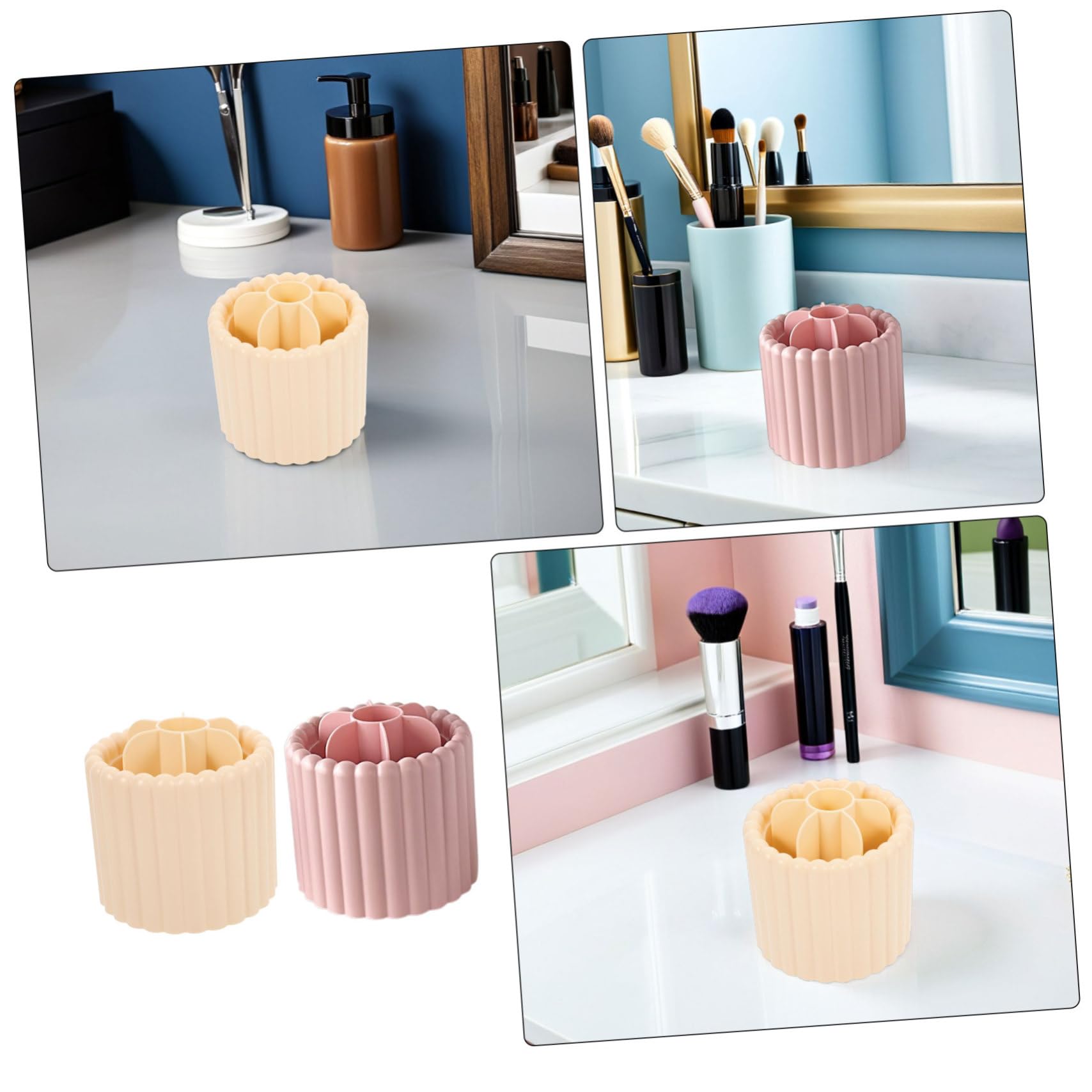 Alipis 2 Pezzi Organizer Rotante per Pennelli Trucco e Porta Penne da Scrivania Contenitori Multifunzione per Bagno e Camera Color Crema e Rosa Design Moderno e Facile da Pulire