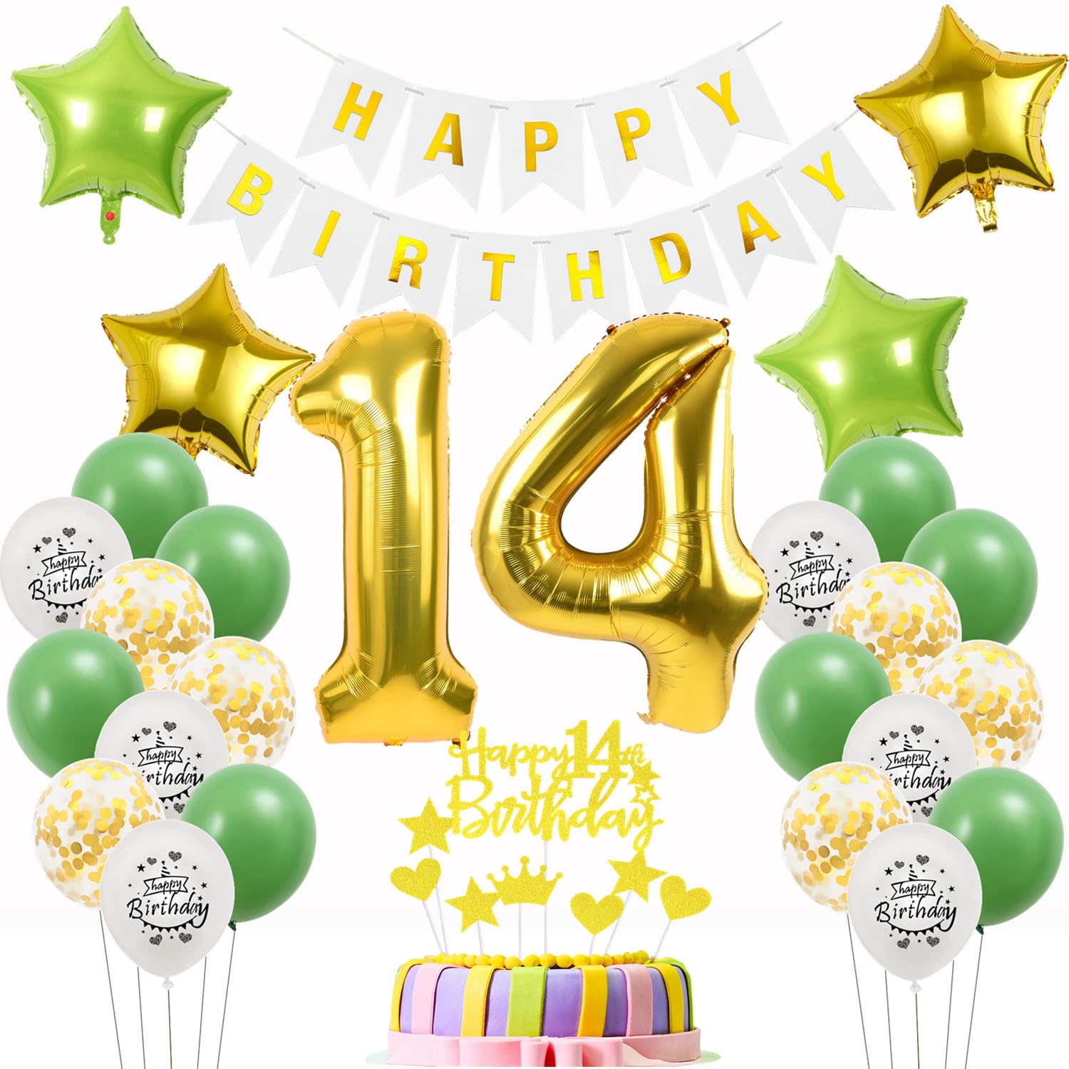 14. Geburtstag Deko-Set – Gold & Grün, Mit Folienballons, Girlande, Latexballons & Torten-Deko