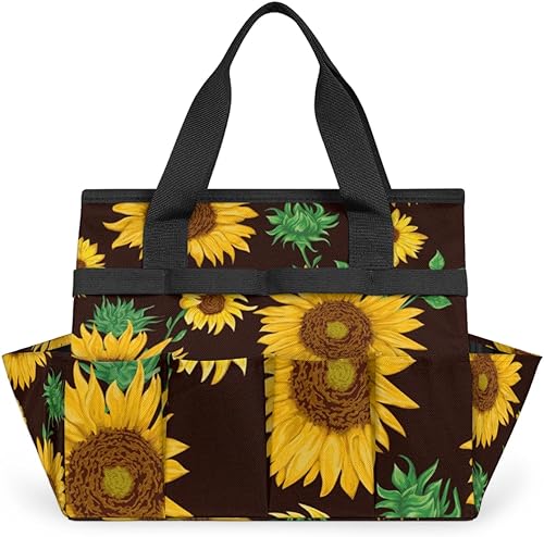 Black Background Sunflowers Garden Tool Tote Bag for Women Men Gardening Tool Storage Bags with 10 Pockets Standable Garden Home Tool Kits Organizer