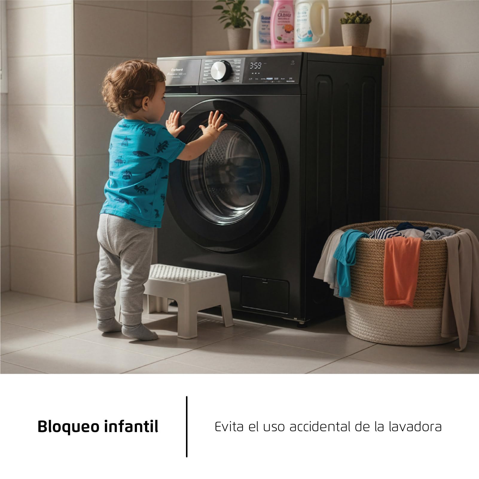 Corberó - Lavadora Premium 9kg | CLAM9046N | 1350 rpm | Motor Inverter | Función Vapor| Función Eco | Incio Diferido | Lavado Rápido 15 min | Display Touch | Negro