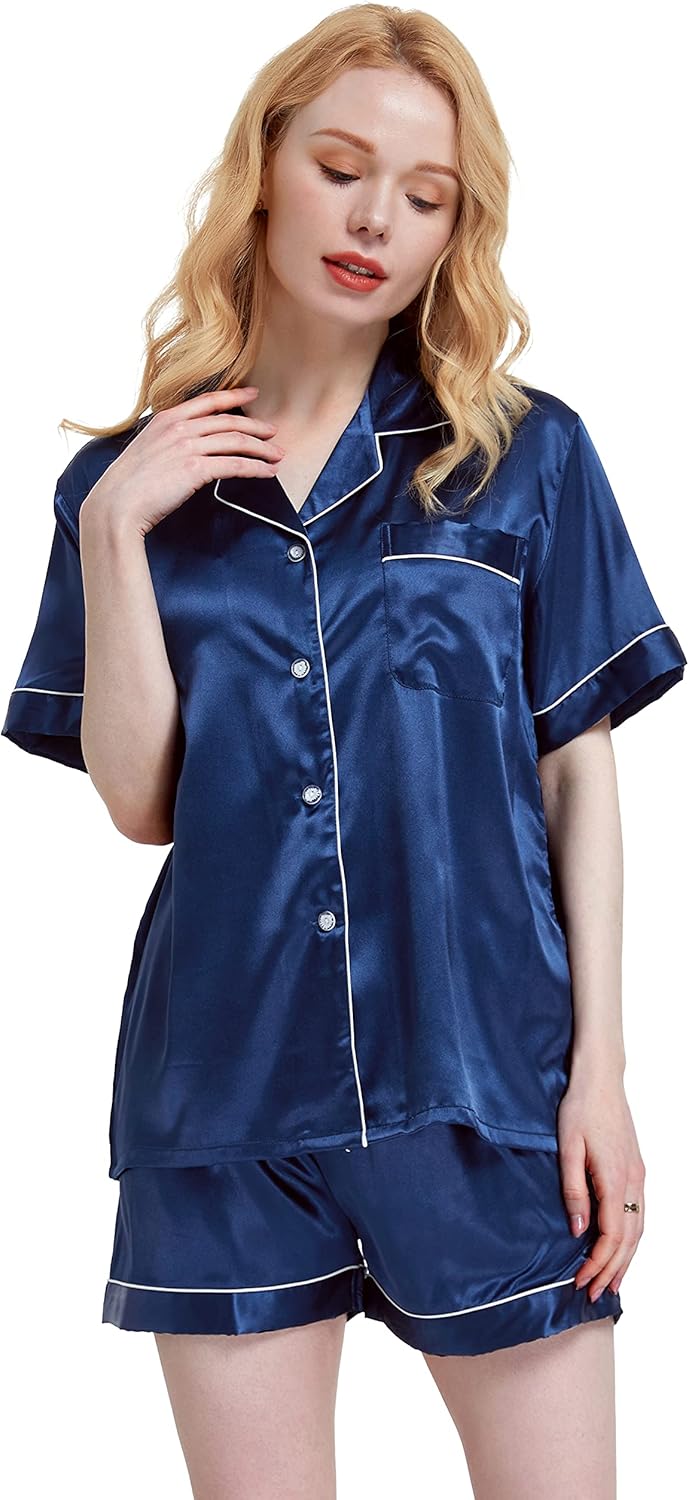 TONY AND CANDICE Women's Satin Sleepwear Short Sleeve Pajamas Set Button Down Nightwear - Image 3