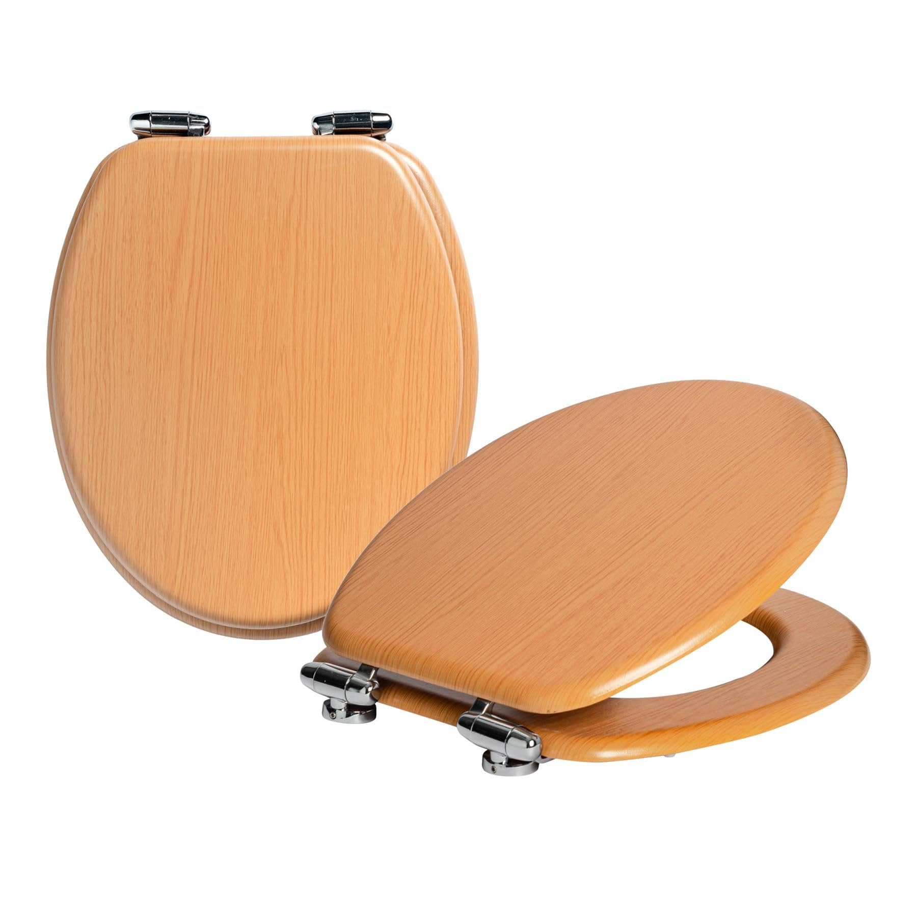 Harbour Housewares Soft Close Toilet Seats - Beech - Pack of 2 - Oval-Shaped Wooden Toilet Seat Antibacterial Loo Lid with Universal Chrome Hinges, Fixings & Fittings