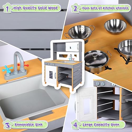 Miniatura 3 de Juego de cocina de barro al aire libre, cocina de madera con caja de agua y grifo, utensilios de cocina, estufa, fregadero de juegos, estantes de