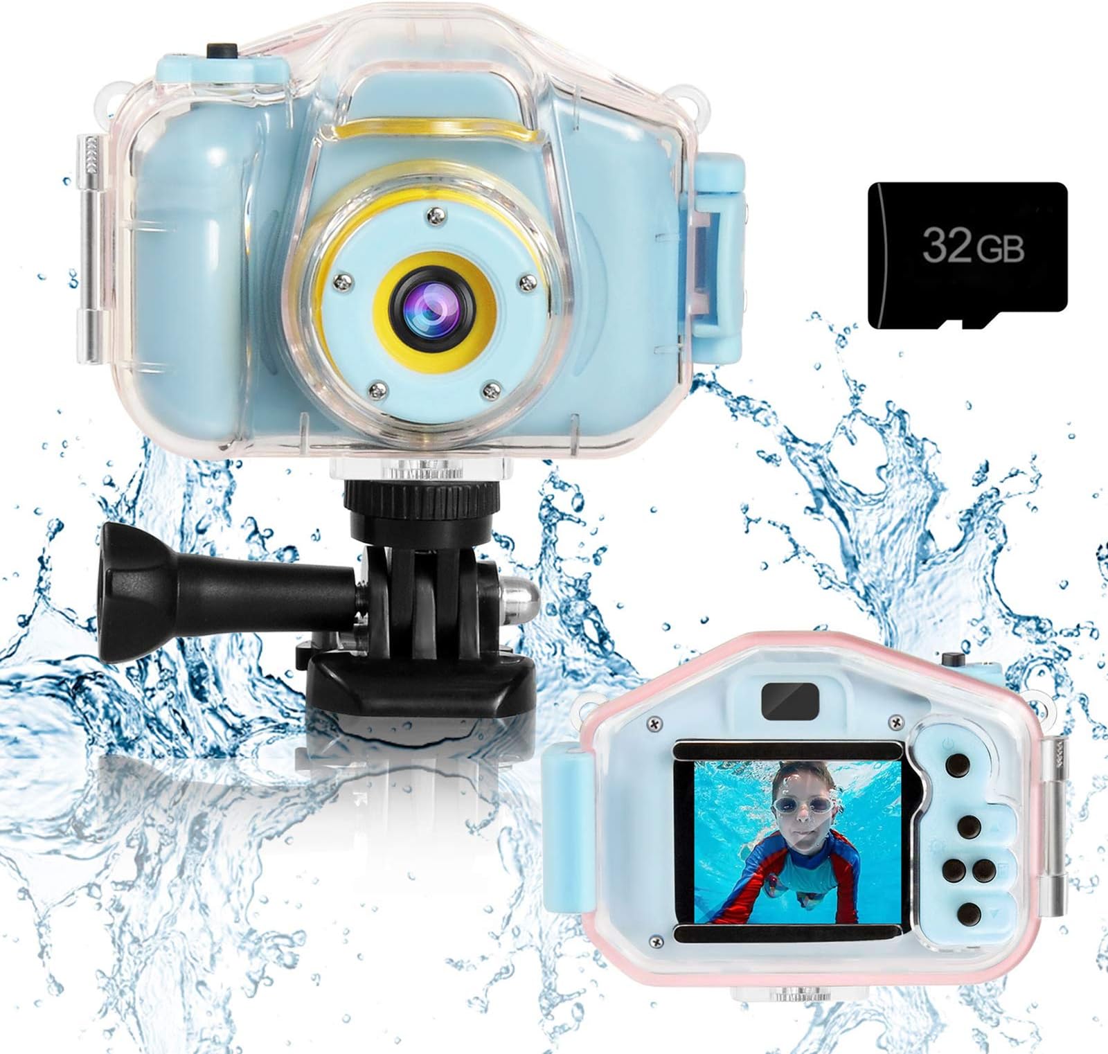 Kids Waterproof Camera - Children Underwater HD Video Digital Camcorder, Portable Travel Toy for Toddler - Ideal Christmas Birthday Gifts for Boys Girls Age 3-12 with 32GB Card (Blue)