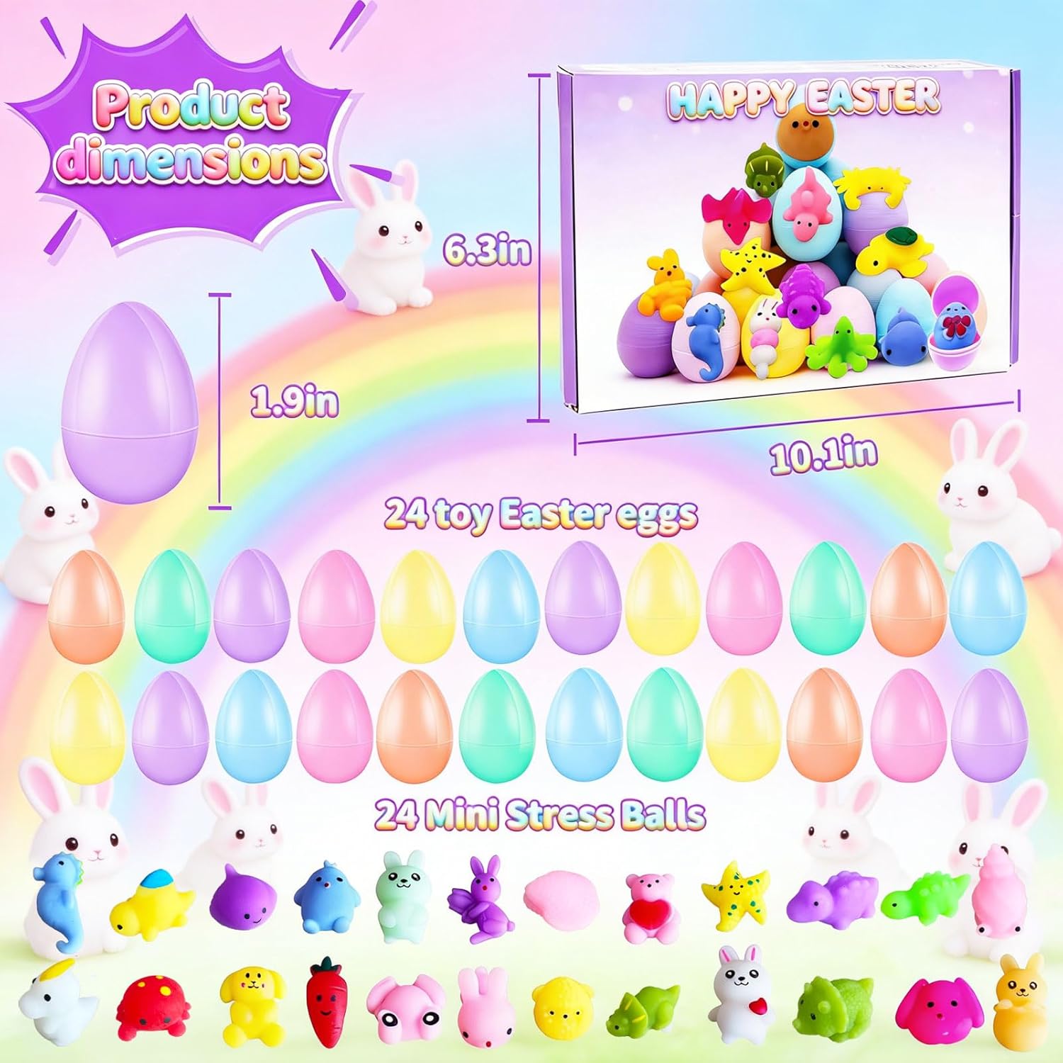 24 Pack Prefilled Easter Eggs with Squishy Animal Toys Inside - Ready to Use for Easter Basket Stuffers & Egg Hunt Fillers, Sensory Fidget Toys for Kids Boys Girls Age 3+