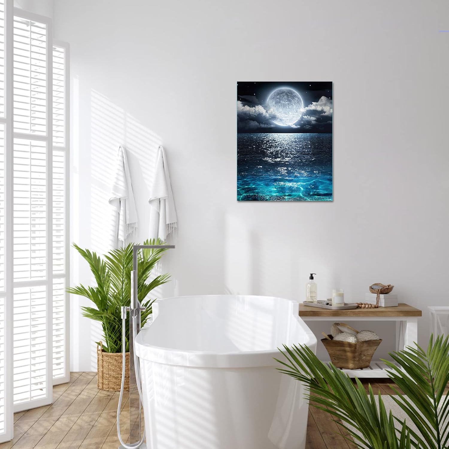 LB Framed Moon Over Ocean Canvas Wall Art Night Sky Full Moon White Cloud Painting Canvas Prints Wall for Living Room Bedroom Bathroom Home Decor Ready to Hang,12x16 inches 12"16"