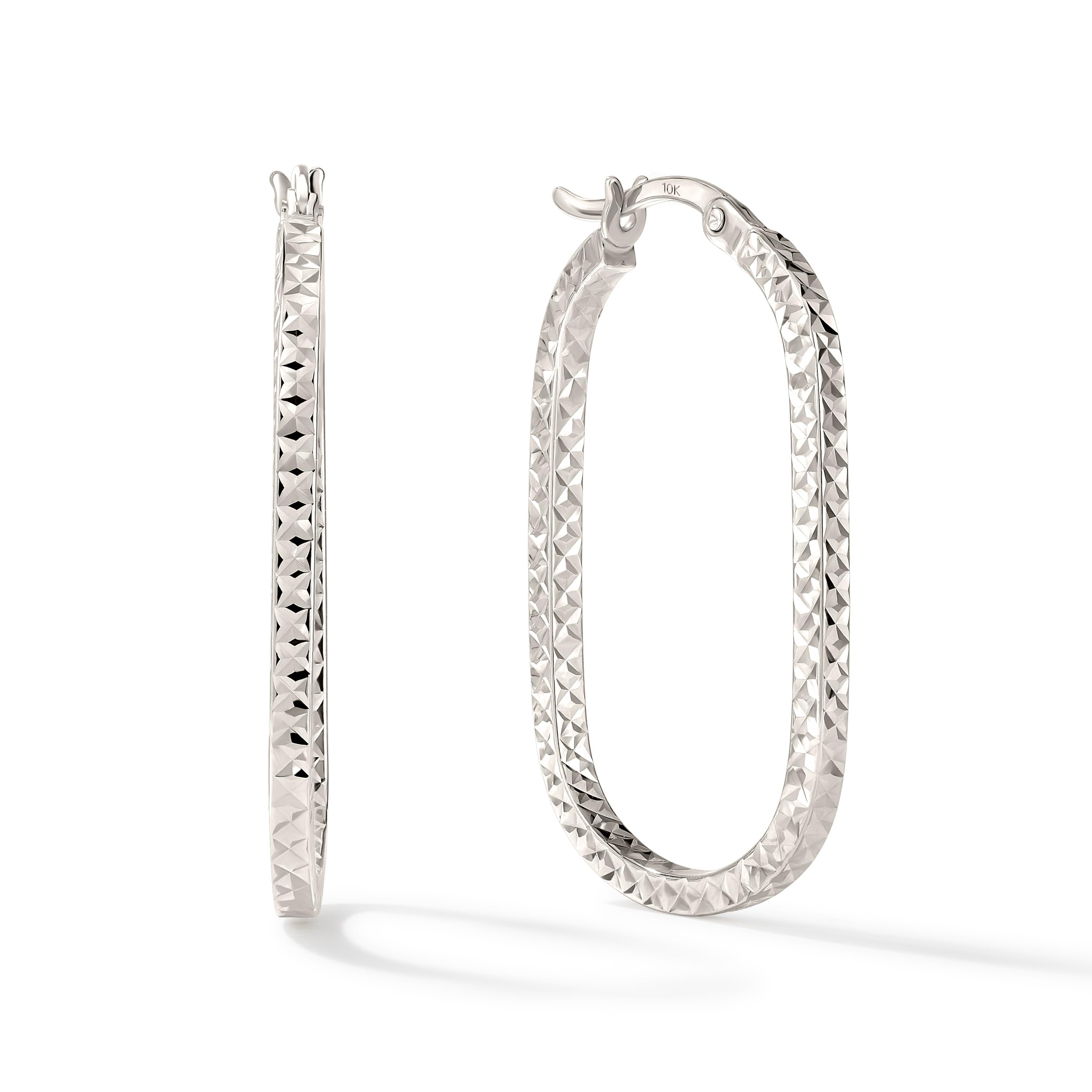 Paperclip Oval Hoops in Real 10K White Gold with a Diamond-Cut Finish 30mm Length Real Gold Stamped for