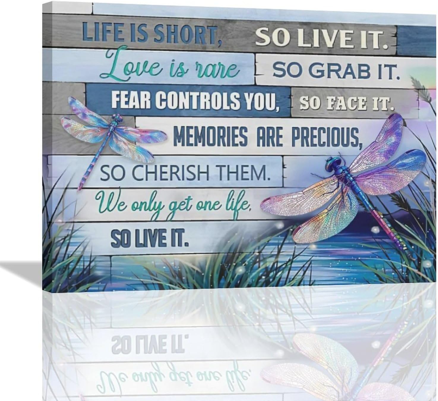 Blue Dragonfly Wall Art Gift for Girl Women Life is Short Motivational Quotes Dragonfly Pictures Wall Decor Canvas Prints Framed Modern Inspirational Painting Artwork for Home Bedroom 16″x12″