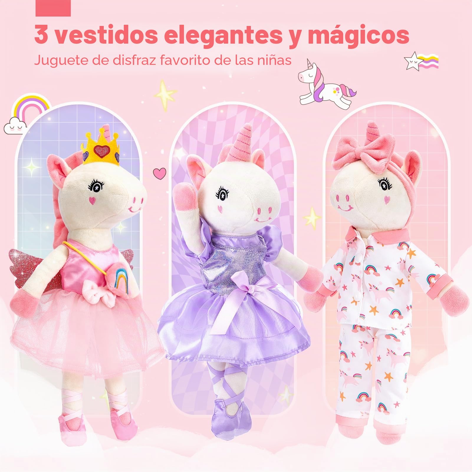 hahaland Unicornios Peluche Juguetes Niña 3 años - Muñeca para Vestir con 3 Set de Ropa y Bolsa, Unicornio Precioso Regalos Niña 3 4 5 6 años