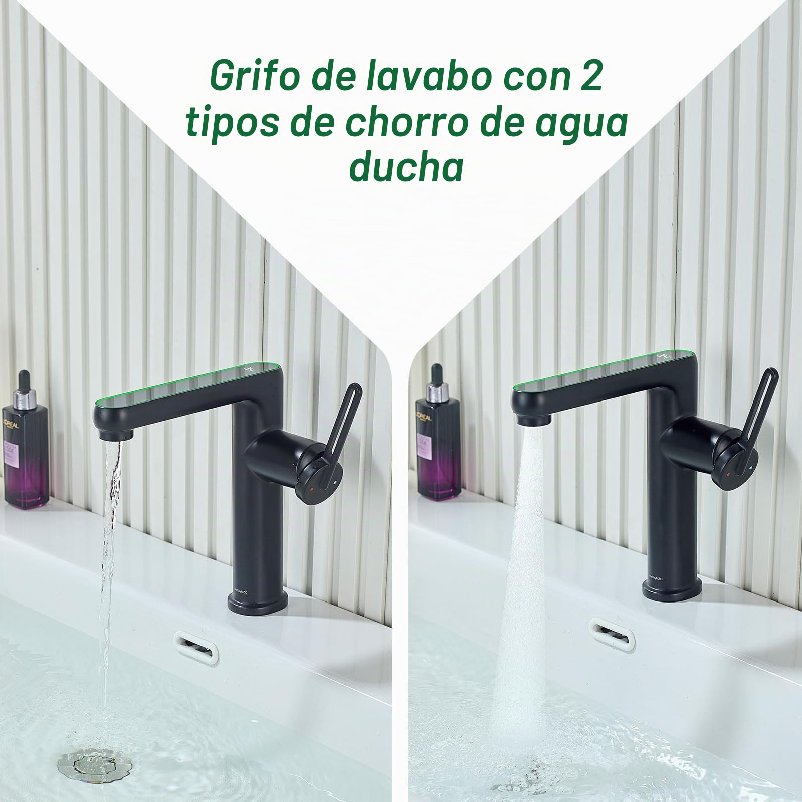 Grifo Lavabo Negro Extraible Ducha con LED Temperatura, 2 Modos Salida Agua | Mezclador de Lavabo Baño, Grifos Monomando, Apto Para Fregadero de Encimera, Aireador Extraíble, Agua Fría y Caliente,Negro