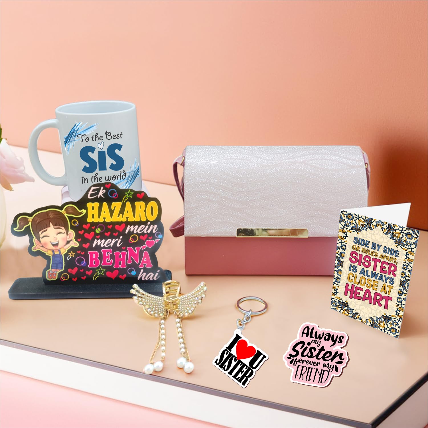 PICRAZEE Sister Gift Combo - Ceramic Mug, Purse, Hair Clip, Keyring, Fridge Magnet & Greeting Card | Unique Birthday & Rakhi Gift Set for Sister