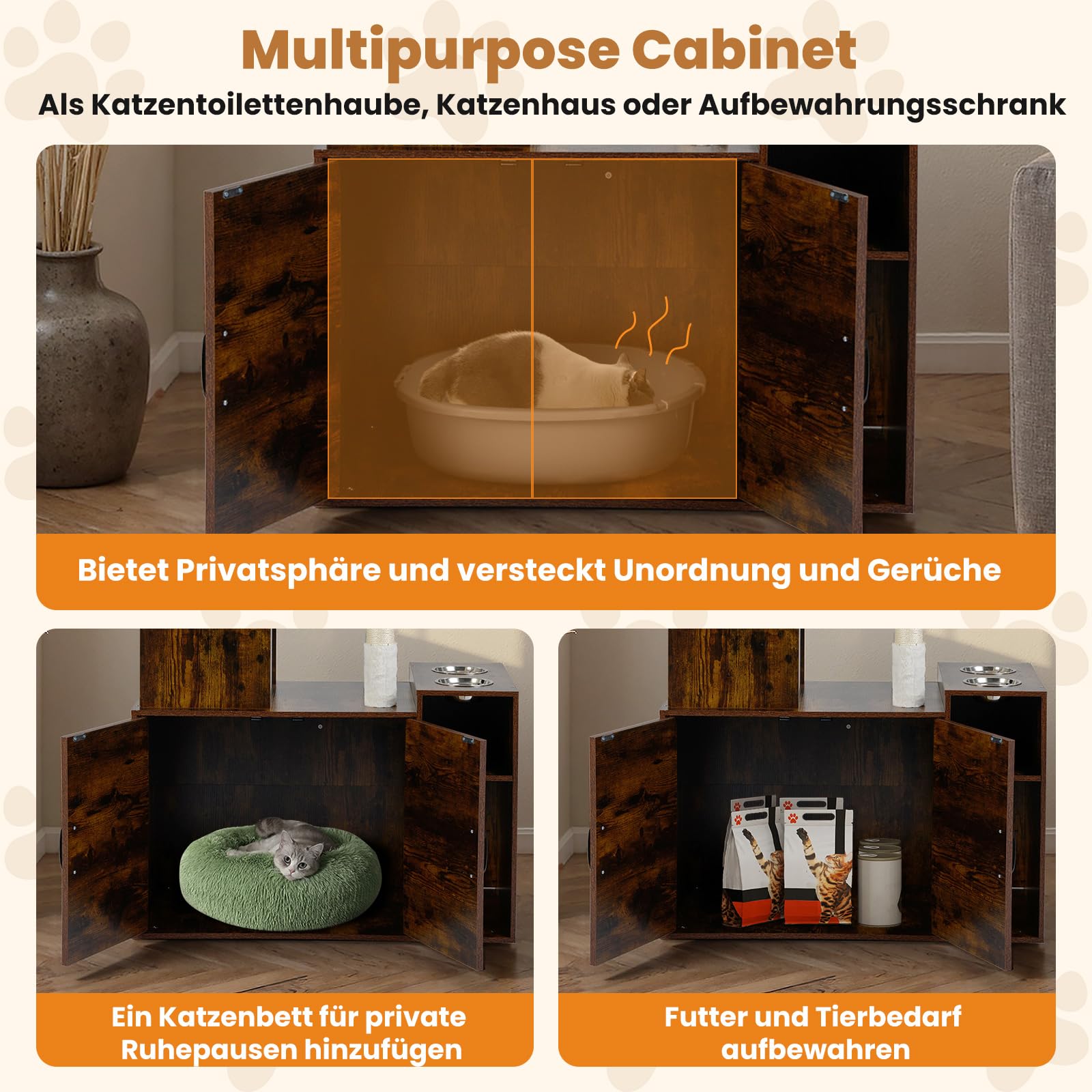 GYMAX Kratzbaum mit Katzenklo-Schrank, Katzenschrank für Katzentoilette mit Höhle, Plattformen & Kratzmatten, Katzenbaum mit 2 Aufbewahrungsfächern, 2 Hängematten & 2 Futternäpfen, Katzenmöbel