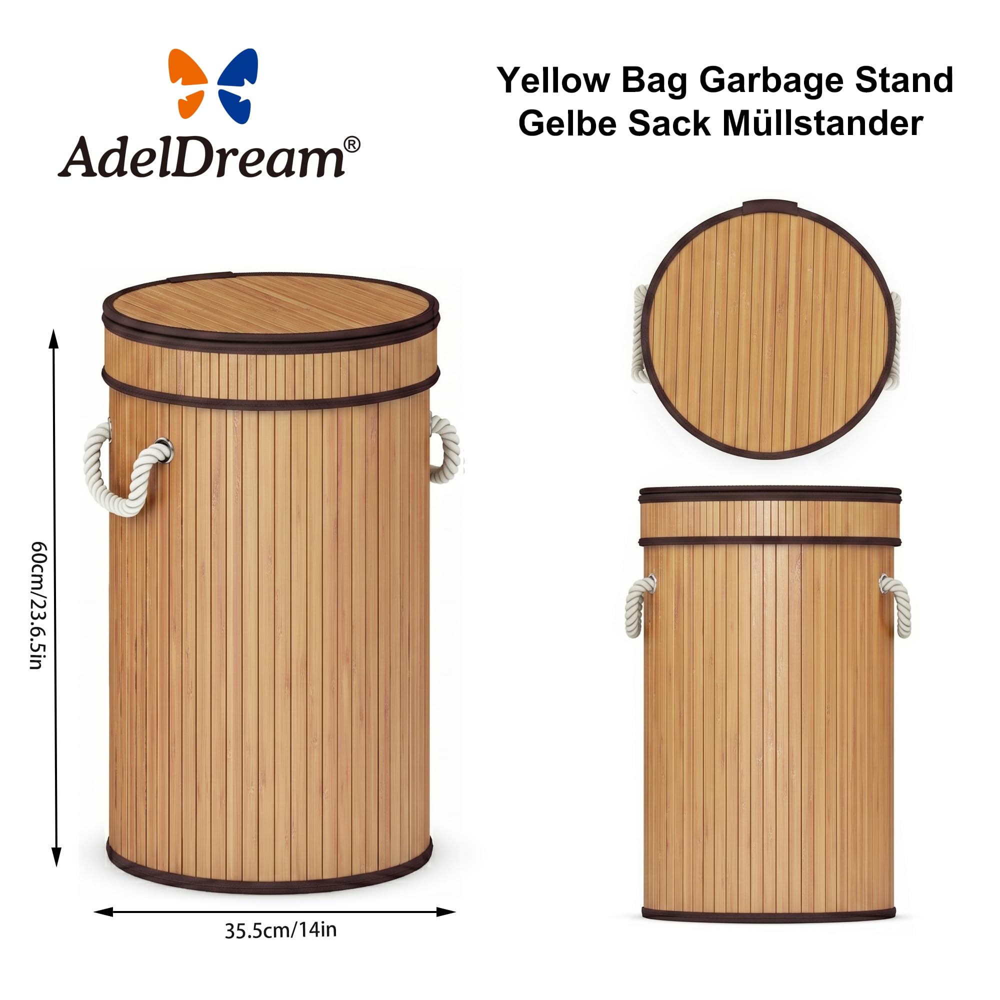 AdelDream Support pour sacs jaunes poubelle en bois anti-odeur pour sacs jaunes poubelle hermétique idéale comme support pour sacs jaunes poubelle pour sacs jaunes de 60L modèle rond