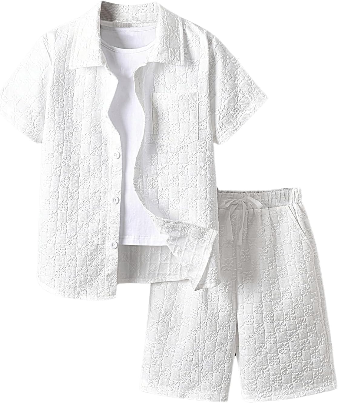 Boy's 2 Piece Beach Vacation Textured Linen Outfit Short Sleeve Button Down Shirt T...