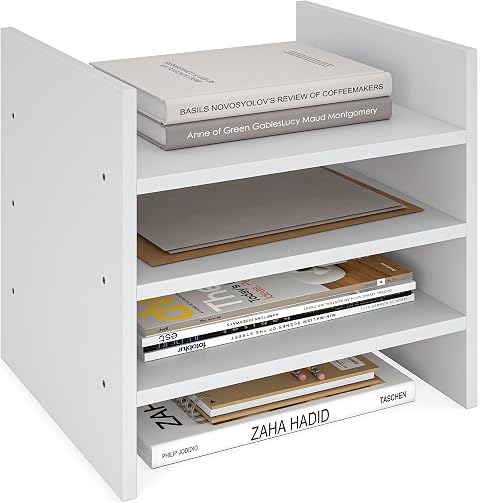 Ballucci 4-Tier Paper Sorter and File Organizer for Desk, Wood Mail Sorter, Fits into IKEA Kallax and ClosetMaid Cube Storage Shelves, Paper Tray, Mail Holder Stand for Classroom, Office, White