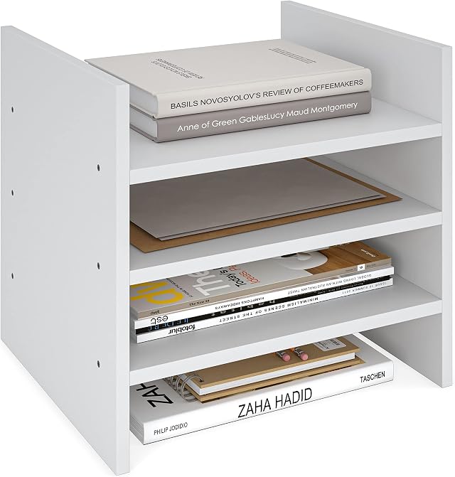 Ballucci 4-Tier Paper Sorter and File Organizer for Desk, Wood Mail Sorter, Fits into IKEA Kallax and ClosetMaid Cube Storage Shelves, Paper Tray, Mail Holder Stand for Classroom, Office, White