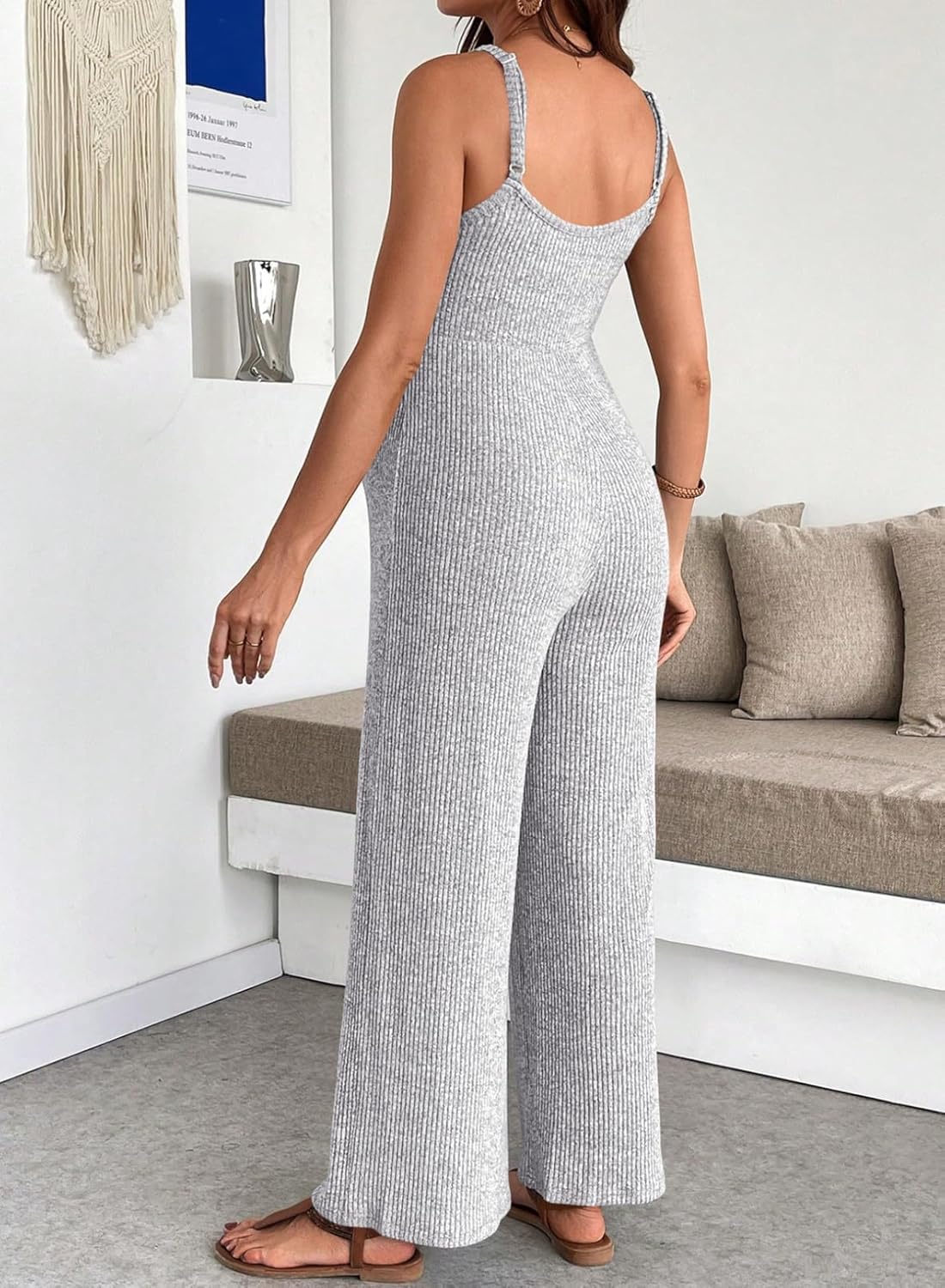 BLENCOT Maternity Ribbed Jumpsuit Sleeveless Square Neck Wide Leg Stretchy One Piece Romper - Image 4