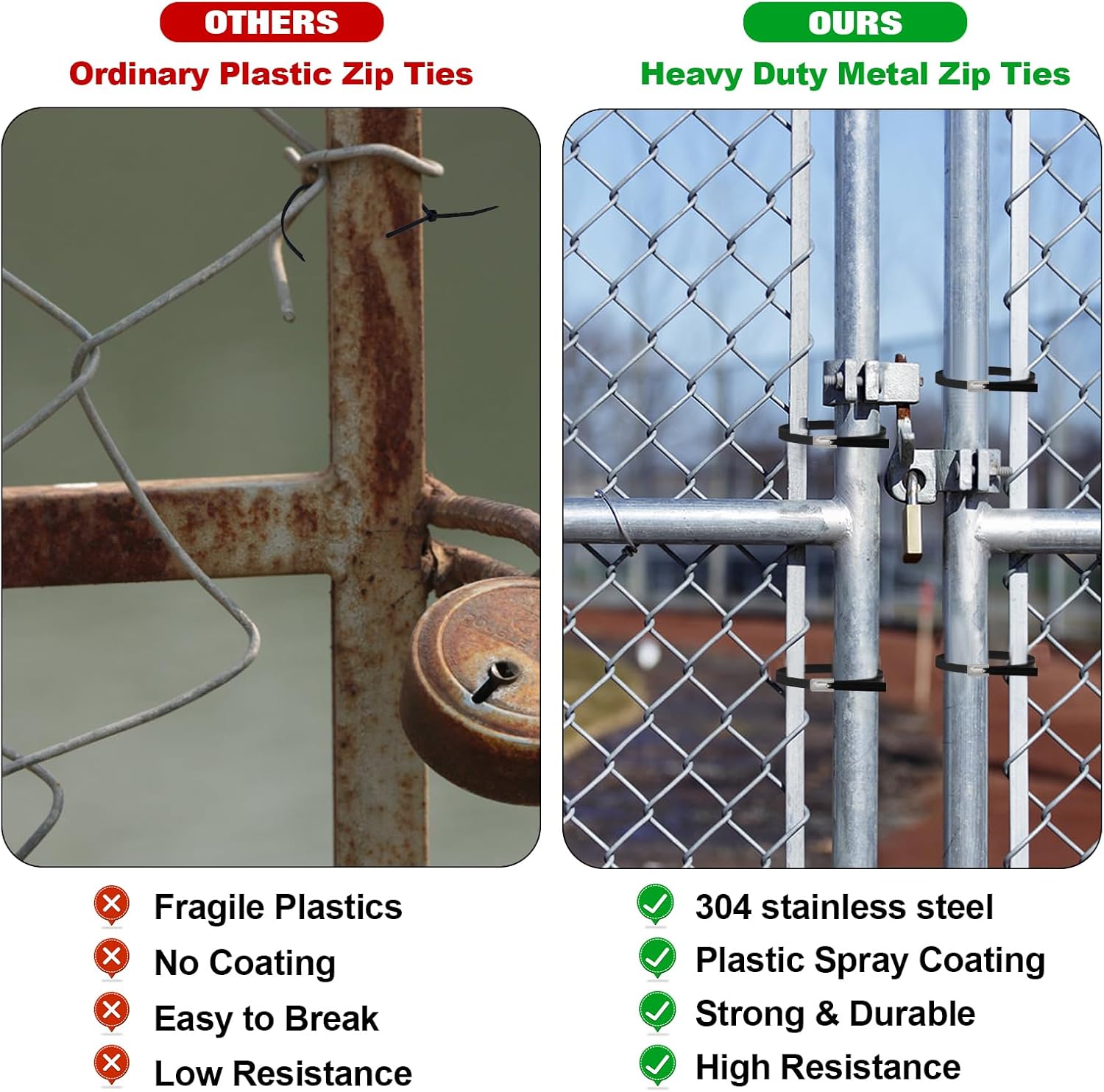 Black Metal Zip Ties Heavy Duty 11.8 inch for Outdoor Use, Stainless Steel Epoxy Coated Cable Chain Link Fence Zip Ties, Durable Metal Wire Ties Strap UV Resistant