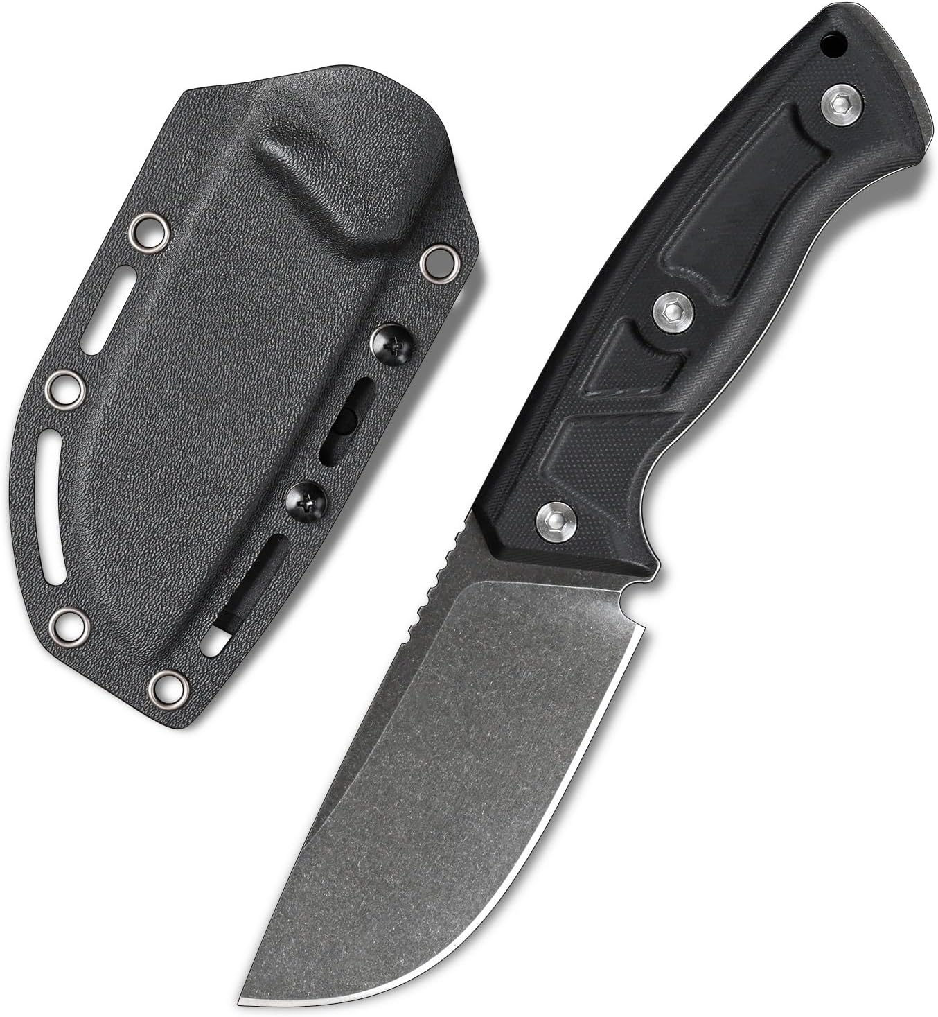 Knives 14C28N Steel Fixed Blade Tactical Knife with kydex sheath for Men EDC Outdoor Camping Survival Hunting (Black stone wash+black G10 handle)