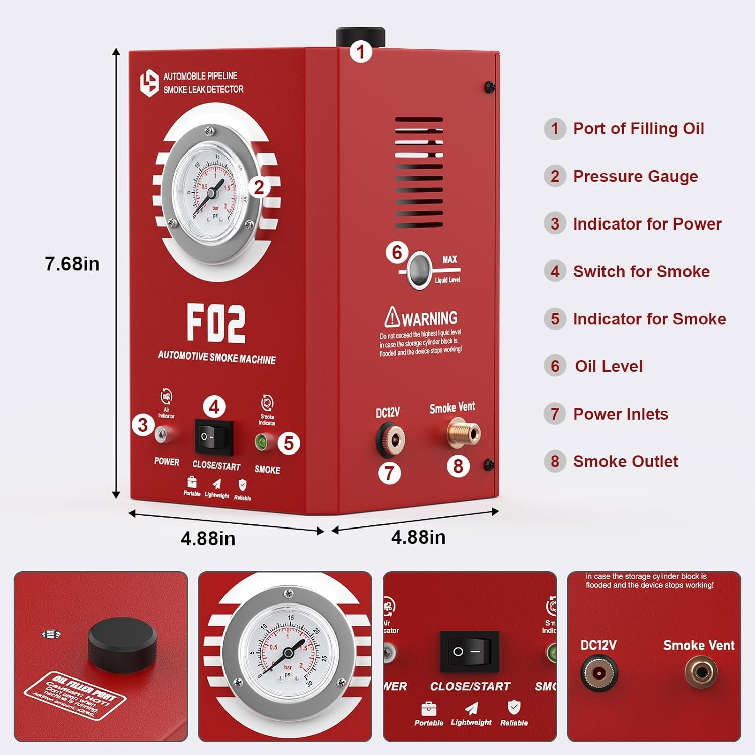 Smoke Machine Automotive with Pressure Gauge, F02 EVAP Smoke Leak Detector Tester for Car & All 12V DC Vehicles in Vacuum, Fuel Diagnostic Pipe System, Built-in Air Pump (Oil Not Included)