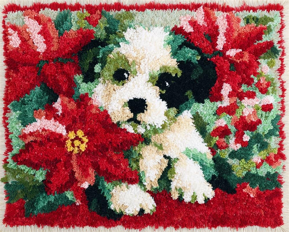 Kitquiver Rug Making Kits for Adults Latch Hook Christmas Puppy Glory Flowers Crafts Crochet Yarn with Pre-Printed DIY Handmade Embroidery Needlework for Home Decoration 15X20In