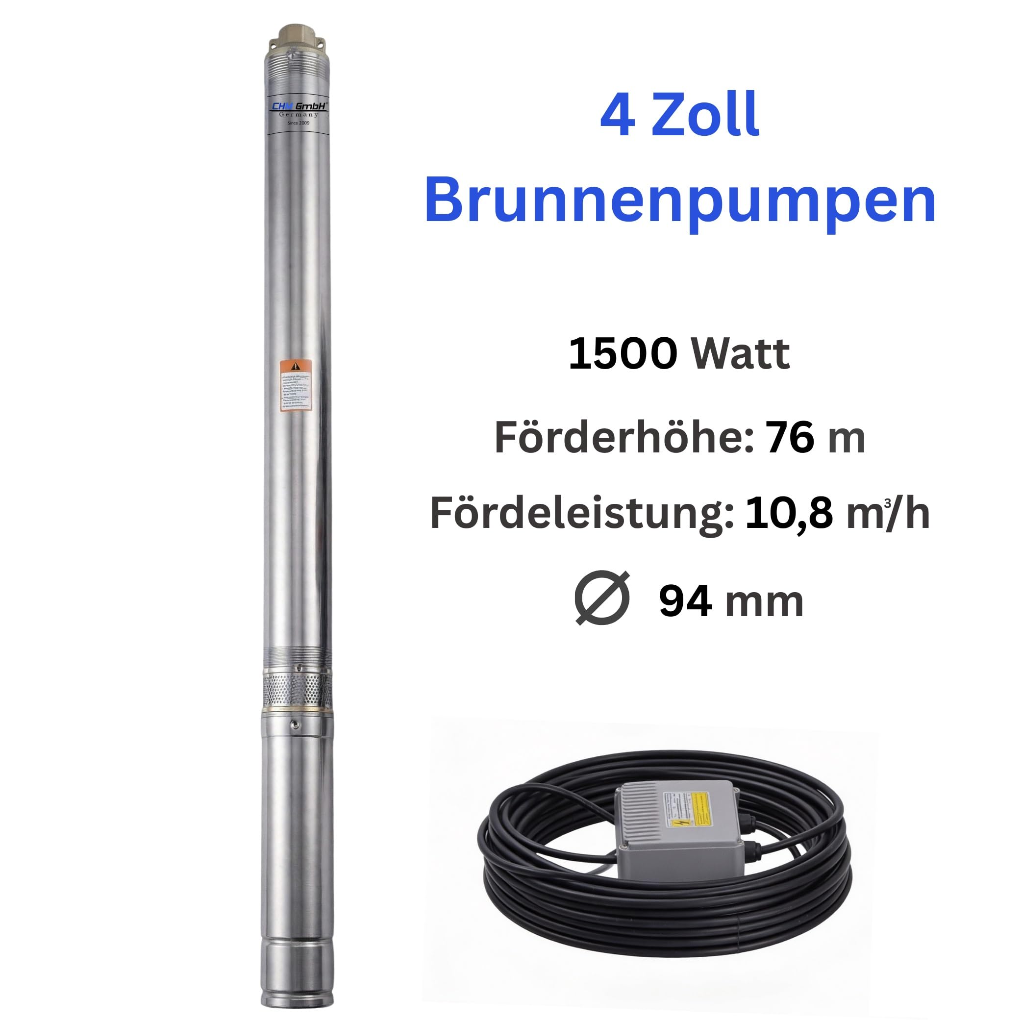 Tiefbrunnenpumpe 4 Zoll 1,5 Kw 10800 L/h 7,6 Bar Brunnenpumpe mit Schutzschalter Box