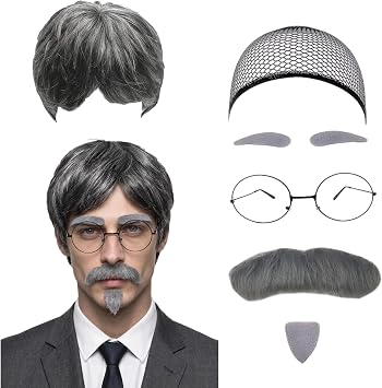 7Pcs Old Man Costume Dark Grey Wig Men Fancy Dress Up 7Pcs