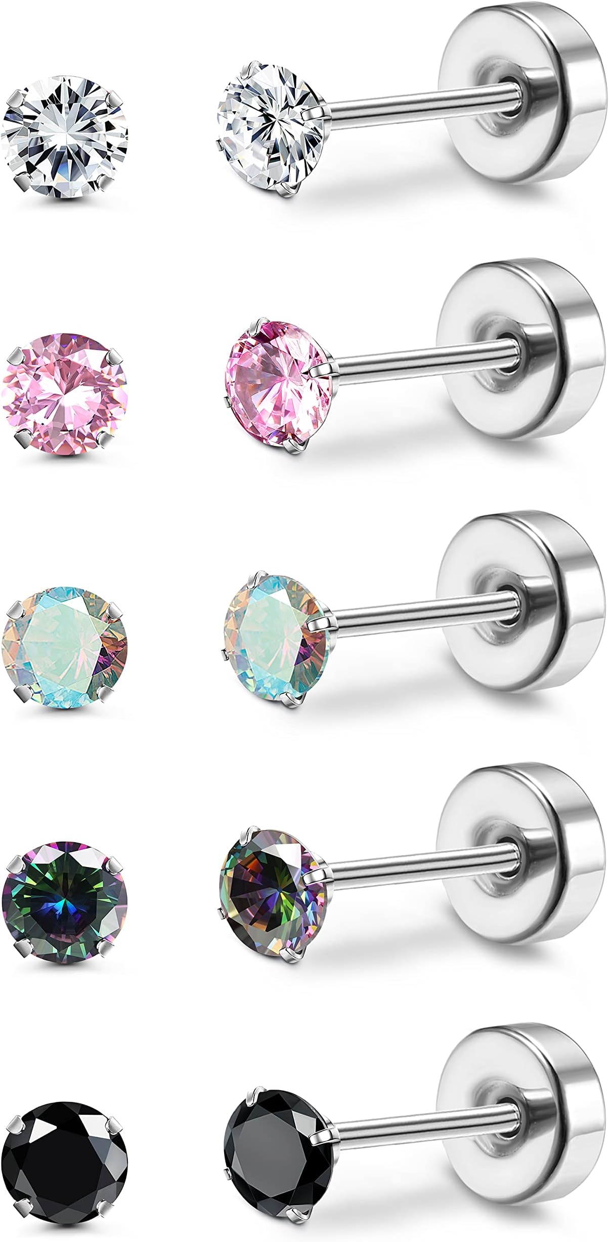 Milacolato Titanium Earrings for Women Men 5Pairs G23 Titanium Post Stud Earring for Sensitive Ears 3mm Rainbow Cubic Zirconia Studs Hypoallergenic 20G Screw Back Piercing Sleeper Cartilage Stud