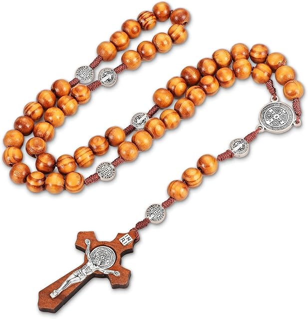 Hicarer Olive Wood Rosary Necklace Catholic Rosary Cross Wood Beads Handmade Rosary Wooden Chain Cross Olive Wood Beads Necklace with Flannel Bag for Men and Women Necklace (Dark Brown)