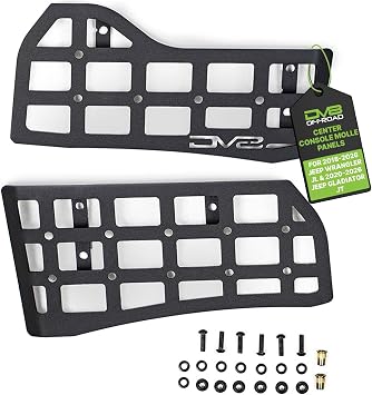 DV8 Center Console Molle Panels for Jeep Wrangler JL & Gladiator JT | 3mm steel molle panels, fits 2018-2026 Jeep JL & 2020-2026 JT, manual & auto compatible, versatile gear mounting