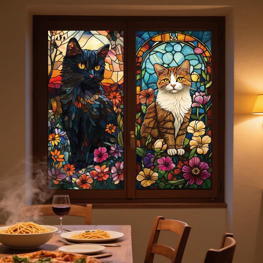 ANATTASOUL Adesivi Statici per Finestre Grandi Gatto Nero e Gatto Arancione Adesivi Riutilizzabili per Finestre in Vetro, 120 cm x 30 cm Adesivi per Finestre Rimovibili Bifacciali per Decorazione di
