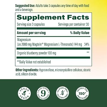 MegaFood Magtein Magnesium L-Threonate - Magnesium Supplement 2000mg Per Serving - Supports Short-Term Memory, Focus, Alertness & Normal Sleep Cycles - Vegan, Gluten Free - 90 Capsules, 30 Servings