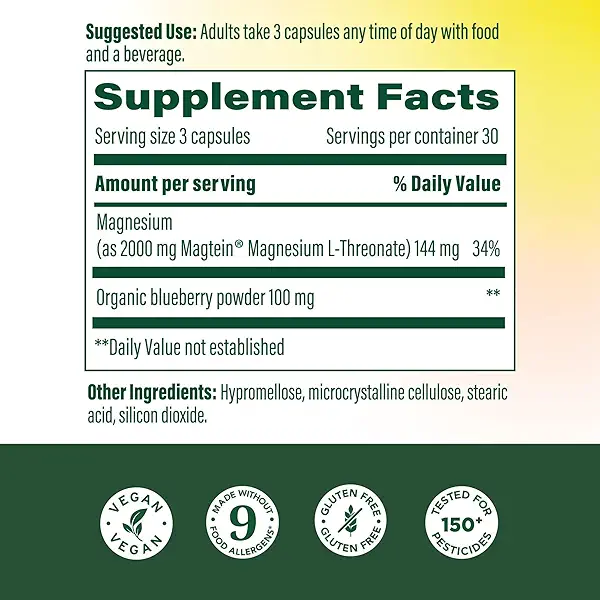 MegaFood Magtein Magnesium L-Threonate - Magnesium Supplement 2000mg Per Serving - Supports Short-Term Memory, Focus, Alertness & Normal Sleep Cycles - Vegan, Gluten Free - 90 Capsules, 30 Servings 2