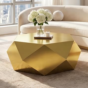Modern Drum Coffee Table for Living Room Luxury Gold Stainless Steel Coffee Table 39.4" Diamond-Shape Center Tables for Home Office,Fully Assembled