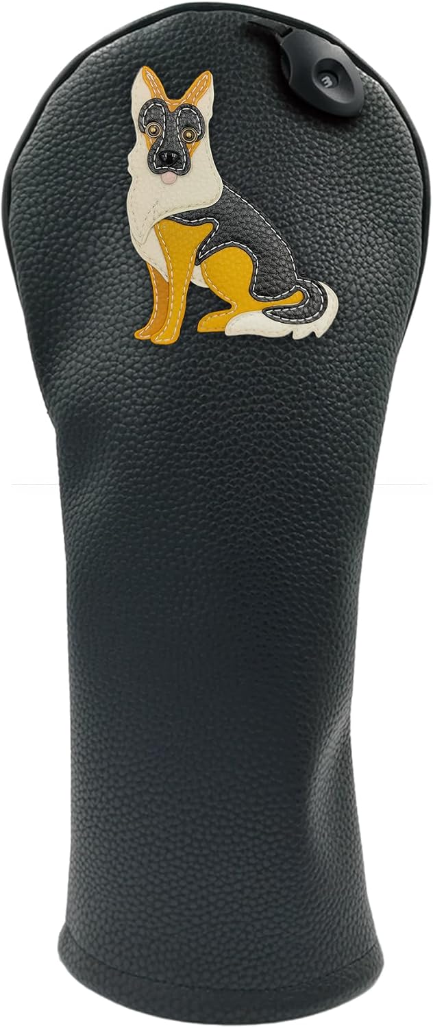 German Shepard PU Leather Golf Club Covers Driver Headcovers Fairway Woods Hybrid Protector with Interchangeable Number Tag