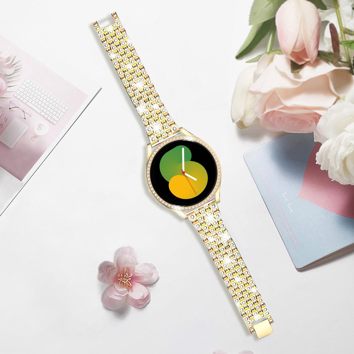 DEALELE Armband Kompatibel mit Samsung Galaxy Watch 7/5 / 4 40mm 44mm / FE 40mm / 5 Pro 45mm, 20mm Glitzer Diamant Metall Armbänder mit Schutzhülle Cover Ersatz für Damen Herren