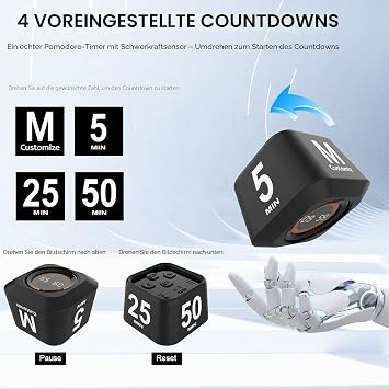 Visueller Timer mit Schwerkraft-Sensor 5 25 10 50 Minuten voreingestellt + benutzerdefinierter Modus Schreibtischproduktivität Flip-Timer/mit Silikongehäuse rotierender Pomodoro-Timer für