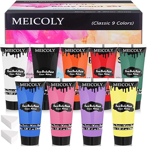 MEICOLY 9 Colors Face Body Paint Set,1.01x9oz/Box,Water Based Washable Face Paint for Adult Kid,Elphaba Green Face Paint,Safe Body Paint for Skin,Red White Blue Face Painting Kit for Halloween Makeup