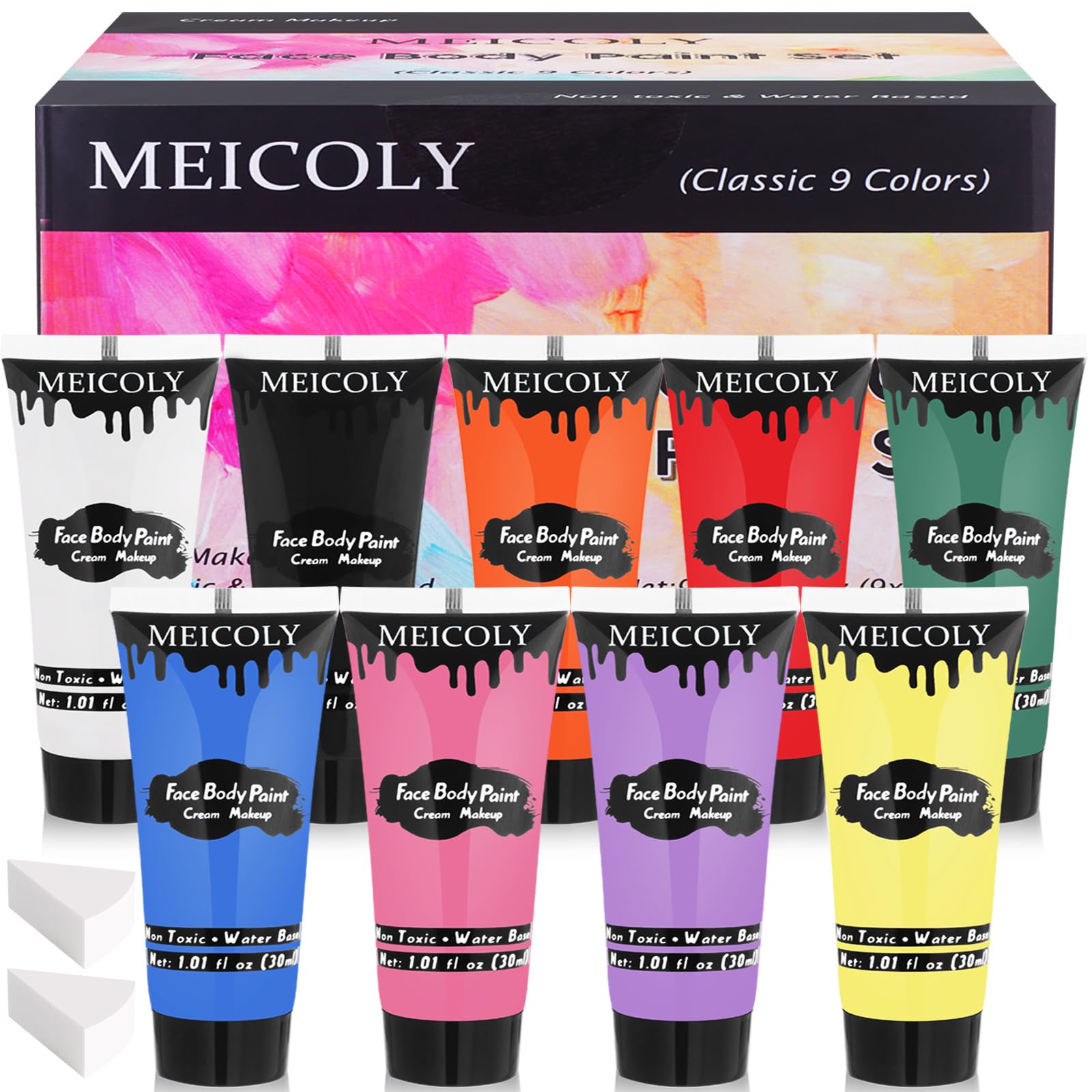 MEICOLY 9 Colors Face Body Paint Set,1.01x9oz/Box,Water Based Washable Face Paint for Adult Kids,Safe Cream Body Paint for Skin,Yellow Red White Blue Face Painting Kit for Halloween SFX Cosplay Makeup