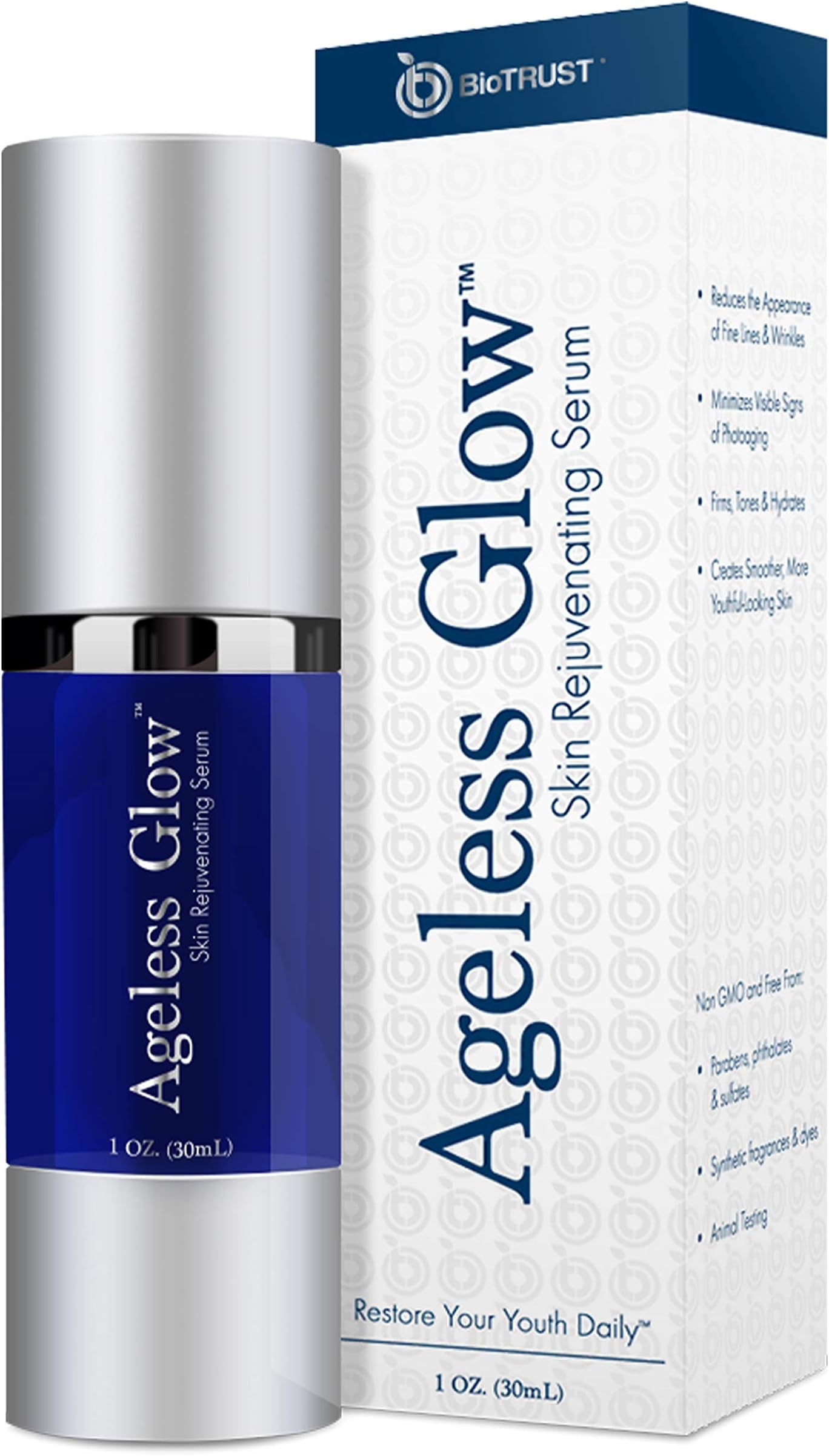 Ageless Glow Anti Aging Moisturizer, Skin Brightening Serum with Vitamin C and Hyaluronic Acid, Plant-Based, Naturally Derived Facial Serum 1 fl oz.