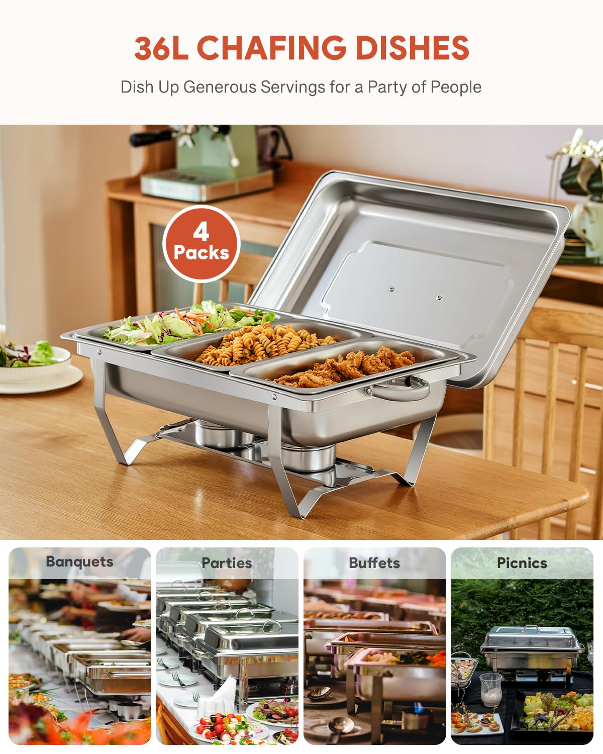 9L Acciaio Inox Rettangolari Catering Server, Buffet Servers E Scaldabagni, Chafing Dish Buffet Set, per Party, Feste, Matrimoni, Banchetti, Argento